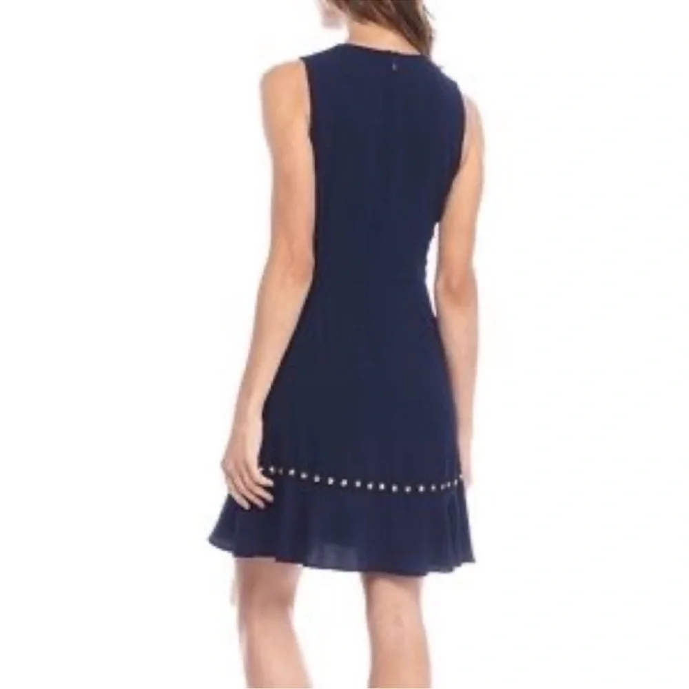 Michael Kors Navy Blue sleeveless crepe Dress with Gold stud Accents XS